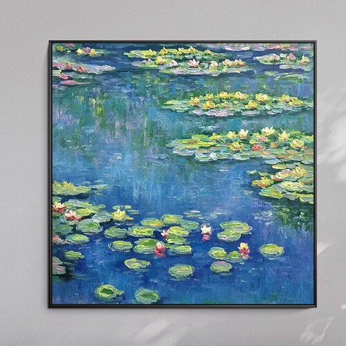 Monet abstract water lily famous shops hand painted wall art large canvas framed oil painting blue acrylic heavy texture living room home decor