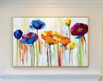 Framed Floral Impasto Oil Painting: Colorful Abstract Wall Art