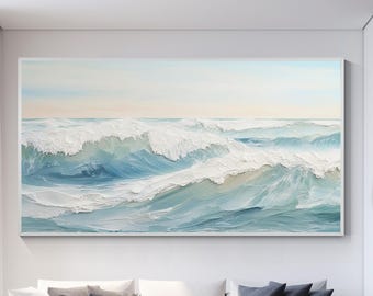 May include: A large abstract painting of ocean waves in shades of blue and white, hanging on a white wall above a white sofa in a modern living room.
