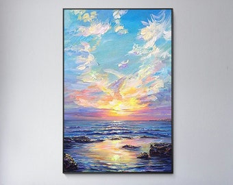 Ocean Painting On Canvas Sunrise Seascape Sunset Wall Art Original acrylic heavy texture Painting Framed Large living room home decor