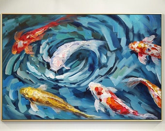 オリジナルの鯉の油絵：額入り抽象風水壁アート - Etsy 日本