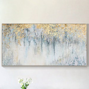 Teal Green Gold Leaf Abstract Art Horizontal Painting Modern Abstract Gray Framed wall art Original Oil Painting Textured Art wall decor