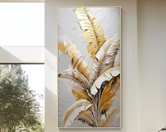 Goldenes Tropisches Blatt Wandbild, Strukturierte Botanische Leinwandkunst in Beige und Gold