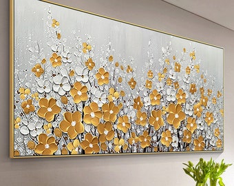 Gold Flower 3D Textured Painting: Gray Abstract Framed Wall Art