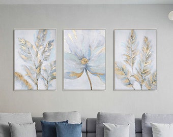 Set of 3 White Flower Painting, Gold Leaf Oil Painting on Canvas, Original Leaf Abstract art, Framed Wall Art Set Large Acrylic Aesthetic