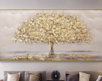 Goudfolie Boom Schilderij Groot Beige Abstract Ingelijst Canvas Wandkunst CheerPainting