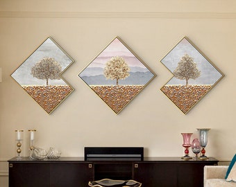 Gold Leaf Tree Painting Set: 3D Textured Framed Wall Art