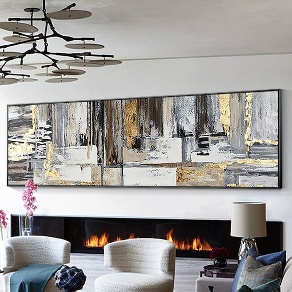 Large original oil painting horizontal gold acrylic painting gray minimanist abstract art expressionist textured wall art aesthetic decor