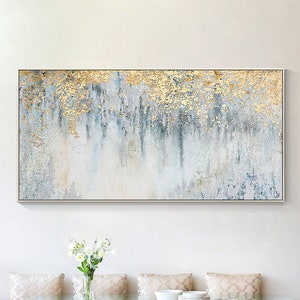 Teal Green Gold Leaf Abstract Painting on Canvas,Long Horizontal Wall Art,Large Living room Wall art,bedroom Wall art,Minimlist wall art