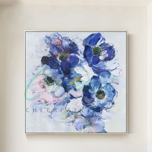 Original Floral Oil Painting: Blue & Pink Flower Wall Art