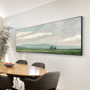 Pintura original de paisaje verde: arte de pared horizontal largo, arte de pared horizontal largo y estrecho