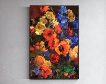 Colorful Flower Painting On Canvas Red Blue Orange Rose Painting Frame wall art large original oil painting abstract wall art hand painted