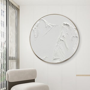 Minimalist White Textured Art Round Painting Mountain Original Painting Landscape Abstract Art Large Acrylic Painting Wall Art CheerPainting