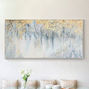 Blauwgroen groen bladgoud abstract schilderij op canvas, lange horizontale muur kunst, kunst aan de grote woonkamer muur, kunst aan de muur slaapkamer, minimalistische muurkunst