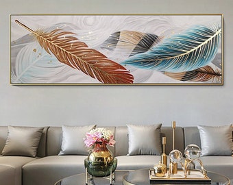 Hand painted modern abstract gold original wall art feather acrylic heavy texture large framed canvas oil painting living room home decor