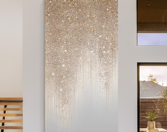 Golden Glam Wall Art, Large Sparkling Textured Canvas Painting, Handmade Abstract Artwork, Luxury Living Room Decor