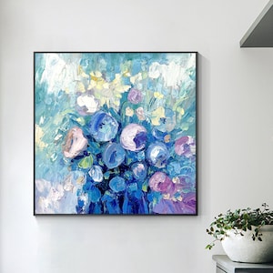 Flower Painting Blue Purple Poppy Flower Textured Art Original Painting Impasto Floral Painting Green Abstract Impressionist Framed wall art