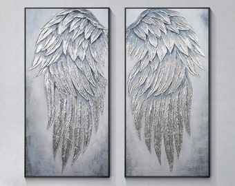 Set of 2 Silver Angel Wings Painting Modern Abstract Framed Wall Art Large Original Oil painting Palette knife 3D texture acrylic home decor