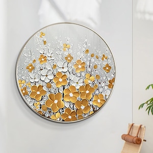 Flower Painting Palette Knife Textured Art Gold Flower Acrylic Painting 3D textured Framed Wall Art Yellow Flower Art Grayish Abstract Art