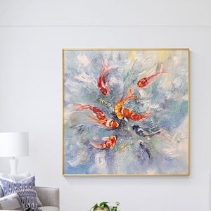 Original Koi Fish Painting,Feng Shui Wall Art,blue wall art.large koi wall art,large framed art,living room art,Cheerpaint,home decor