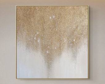 Gold Glitter Minimalist Abstract Painting Gold Brown Sand Aesthetic room decor Original Heavy texture abstract Luxurious framed wall art
