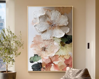 3D Textured Flower Painting, Hand Painted Floral Canvas Art, Neutral Botanical Wall Decor, Large Flower Wall Art, Modern Home Decor Artwork