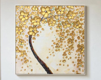 Golden Flower Tree Pianting,3D texture Abstract painting,Original extra large framed wall art,Oil painting on canvas wall decor aesthetics