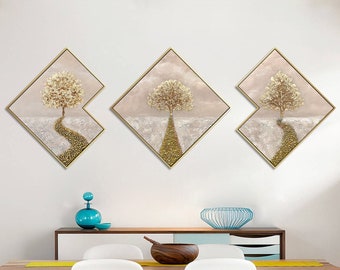 Gold Leaf Tree Painting Set: 3D Textured Framed Wall Art