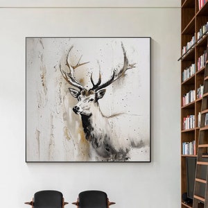 Original large deer painting,beige deer sketch,abstract deer painting,beige wall art,deer canvas painting,abstract deer art,textured art