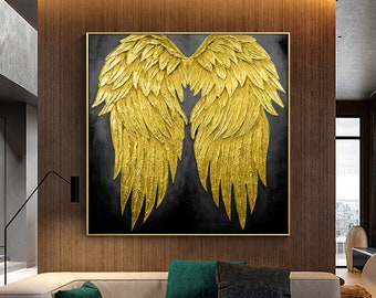 Gold Wings Painting Gold Leaf Textured Art Original Painting Black Abstract wall art Angel wings Painting Extra Large Framed Wall Art