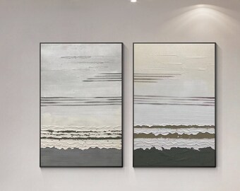 Set of 2 Abstract Grey Canvas Painting: Modern Living Room Wall Art