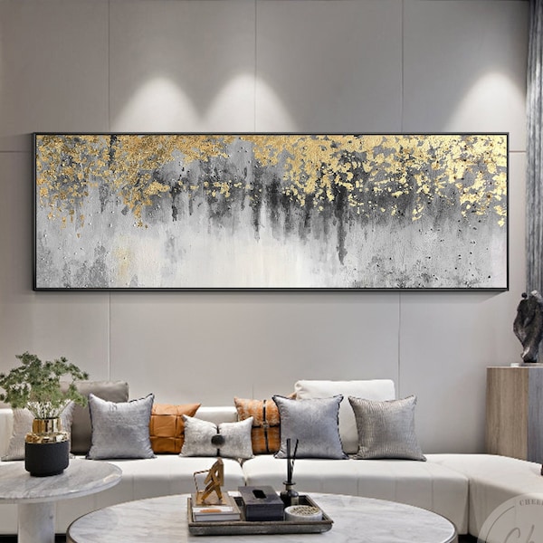 Gold Leaf Painting Black and White Large Abstract Art Horizontal Gray Framed wall art Original Oil Painting Heavy Texture Large wall decor