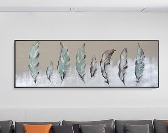 Hand painted modern abstract green feather acrylic heavy texture silver wall art framed large canvas oil painting home decor living room