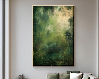 Große dunkelgrüne strukturierte Wandkunst, moderne Wabi Sabi Wohnzimmer Leinwand Malerei, minimalistische grüne Wanddekoration, handgemachtes Kunstwerk
