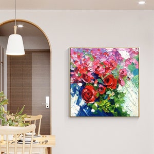 Red Rose Thick Texture Painting Abstract Art Square Painting Pink Rose Flower Framed Wall Art Green Leaves Original Painting Botanical Art