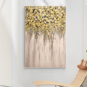Gold Tree Original Painting Gold Leaves Pink Abstract Wall Art Large 3D Textured Framed Wall Art Living Room Wall Decor Gold Foil Canvas Art
