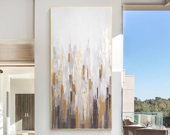 Large Gold Leaf Abstract Wall Art, Textured Canvas Painting, Neutral Modern Artwork, Vertical Statement Art, Luxury Living Room Decor