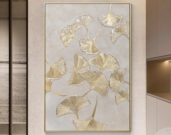 Quadro Su Tela Stile Nordico – Foglia Di Ginkgo Oro Astratto, 50x150 Cm, Senza Cornice
