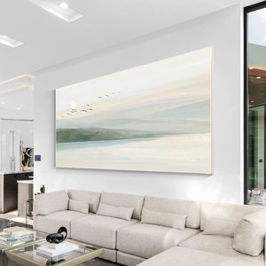 Sage Green Mountain Lake Painting: Original Framed Landscape Art