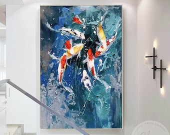 Koi Fish Painting Feng shui Framed Wall Art Colourful Acrylic Painting on Canvas Large Palette Knife impasto oil painting Aesthetic Wall Art