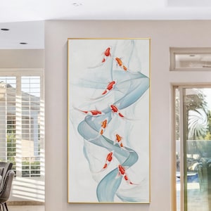 Original 9 koi fish painting,Large ribbon wall art koi fish wall art,blue red koi art,large framed art,koi fengshui painting,Cheerpaint