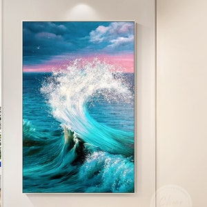 Original Turquoise Sea Wave Painting: Textured Acrylic Framed Wall Art