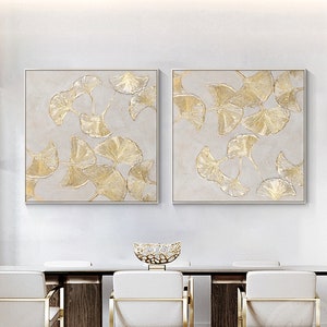 Set of 2 Gold Ginkgo Leaf Original Paintings: Framed Boho Wall Art