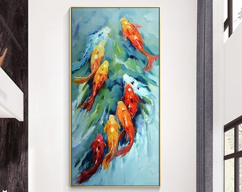 Koi Fish Painting Original Feng Shui Framed Wall Art Red Orange Koi Light Blue Abstract Art River Painting Large Textured Art CheerPainting