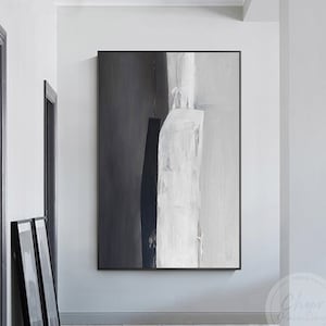 Minimalist Black and White Abstract Acrylic Painting: Framed Canvas Wall Art