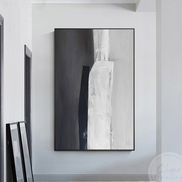 Pintura abstracta en blanco y negro, minimalista gris enmarcado en la pared acrílico textura de lienzo grande pintura al óleo para la decoración del hogar de la sala de estar Regalo