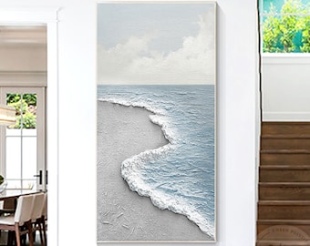 Light Blue Seascape Painting 3D Textured White Sea Wave Gray Coastal Beach Abstract Painting Original Acrylic Painting Large Framed Wall Art