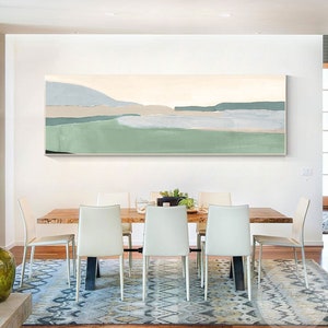 Hand-Painted Abstract Landscape: Light Green, Beige, and Gray Art