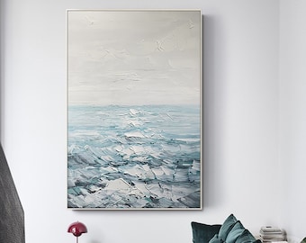 Gray Blue Minimalist Abstract art Sea Painting,Palette Knife Ocean Heavy texture Sea Wave Original Acrylic Painting,Large framed wall art