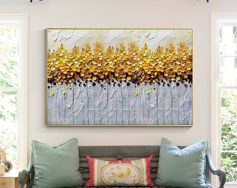 Gouden bloemschilderij: abstracte getextureerde paletmeskunst